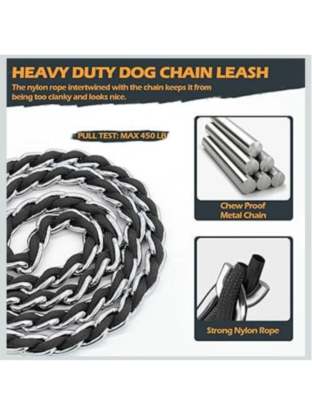Chew Proof 4 FT Chain Leash Padded Handle Large Dogs Up To 80LBS Training Leash
